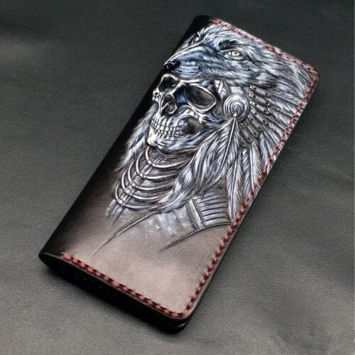 Handmade Wallets Carving Wolf Skull Chief Purses Men Long Clutch Vegetable Tanned Leather Wallet Card Holder Billetera Hombre