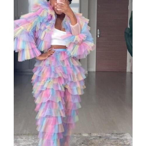 Pretty Candy Rainbow Layered Tulle Top Long Sleeve Sexy See Through Tulle Women top with Hat Custom made