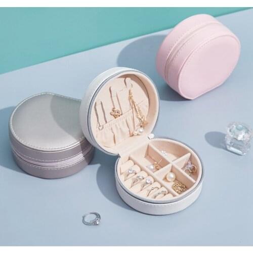 Round Jewelry Gift Box Portable Zipper Leather Jewellery Display Organizer Earrings Necklaces Rings Storage Case