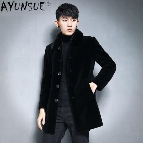 AYUNSUE Men Jacket Real Mink Collar Fur Coat Mens Jackets 2020 Thick Winter 100% Sheep Shearing Clothes Ropa Hombre LXR353