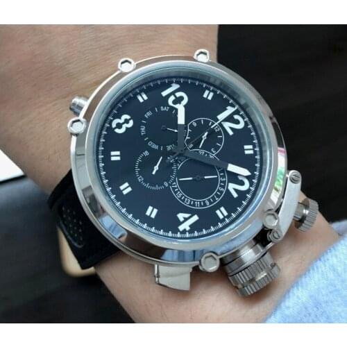 50mm GEERVO right hand style crown black dial Automatic Self-Wind movement Auto Date Mens watch cow Leather strap PA170-P8