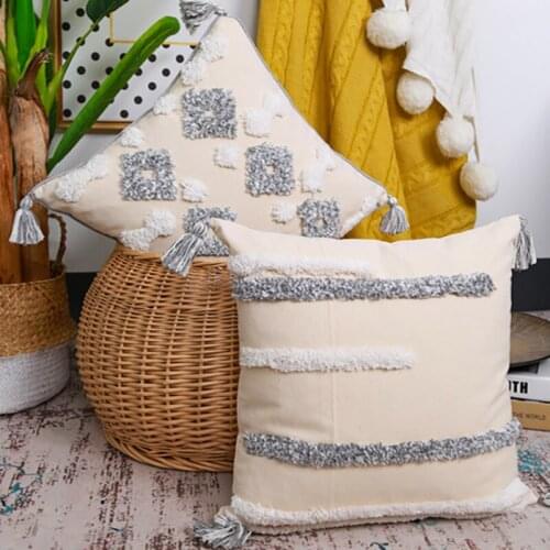 Hand-embroidered Pillowcase Tufted Geometric Sofa Cushion Cover with Tassel Decorative Pillowcase for Home Decorative