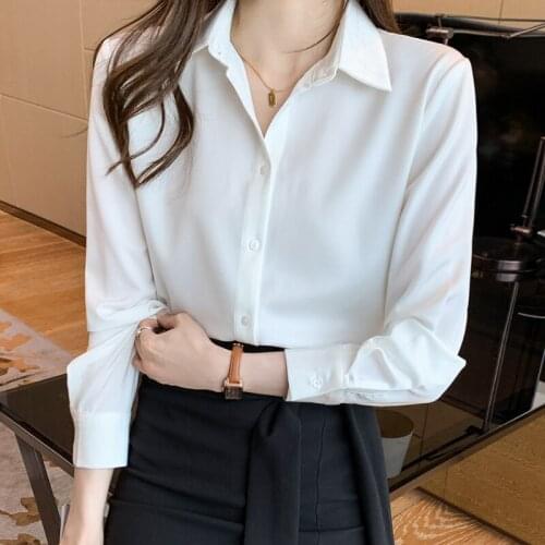 2021 Autumn Womens Satin Top Silk Shirt Blusas Female Korean Women Clothing Vintage Top White Button Down Shirt for Women 1086