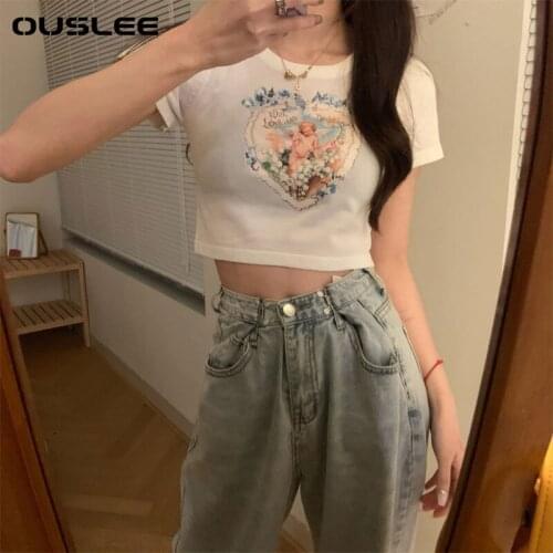 Ouslee Female Korean Style Angel Printed High Waist Short Sleeve Navel Skinny stitching T-shirt Plus Size Student Womens Tops