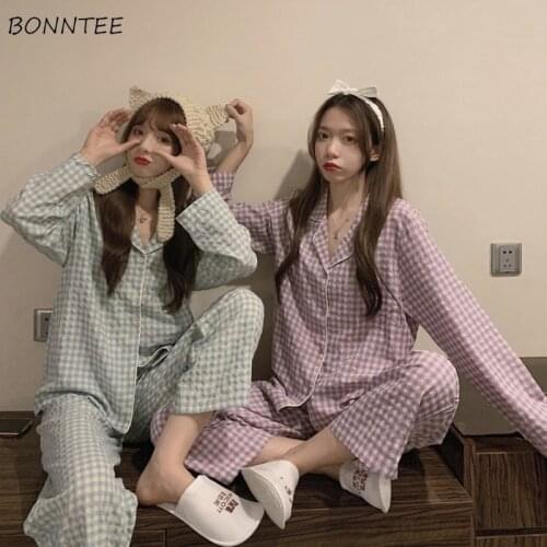 Pajama Sets Women Lounge Plaid Sleepwear Kawaii Pjs Long Sleeve Student Casual Comfortable Teenagers Purple Female Trendy Ladies
