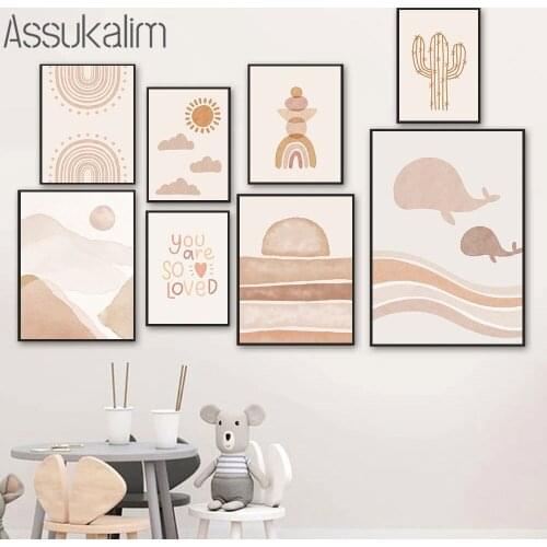 Boho Poster Cactus Wall Painting Rainbow Sun Canvas Prints Whale Art Posters Nordic Wall Pictures For Kids Room Decoration