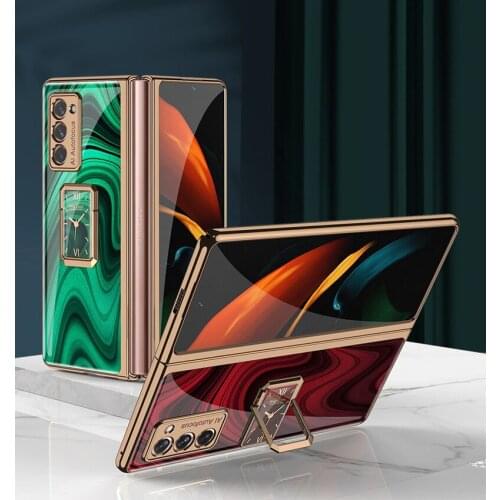 Luxury Marble Plating Glass Case For Samsung Galaxy Z Fold 2 W21 5G Fashion Watch Ring Holder All-inclusive Protection Cover