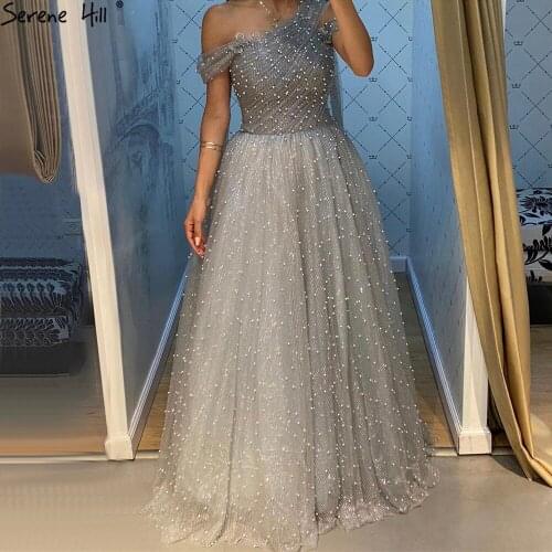 Serene Hill Grey One Shoulder Evening Gowns A-Line Design 2021 Beading Perals Sexy Formal Dress LA70770
