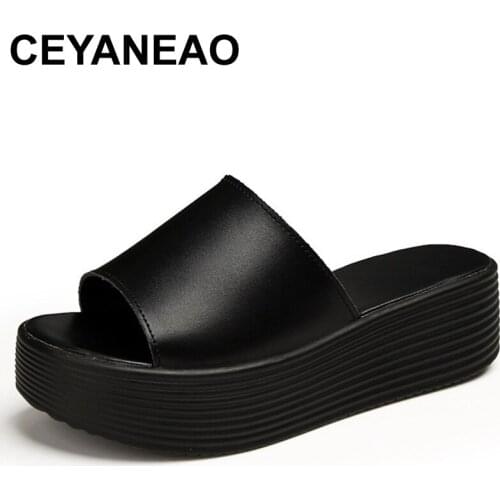 CEYANEAOFlat Platform Slippers Summer Women Sandals OpenToe Shoes Split Leather Slip On Outside Slides Black White SlippersE2147