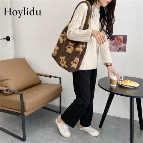 Female Lamb Loves Fabric Shoulder Tote Bag Furry Fur Bear Large Capacity Soft Shopping Bag Girl Cute Autumn and Winter 2020 New
