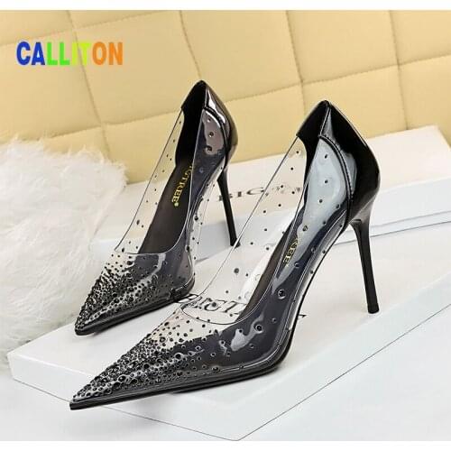 Pumps Stiletto Sandals Fashion Wedding Shoes Square Buckle Sexy Nightclub Banquet Transparent Rhinestone Single Shoes CALLITON