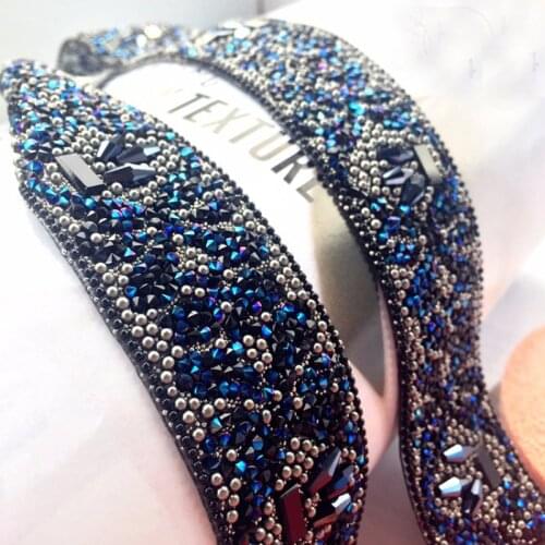 Iron On Rhinestone Lace Trim Dark Blue Hotfix Gemstone Lace Applique Hot Drilling Beaded Chain Ribbons Bridal Dress Accessories