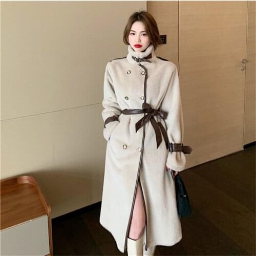 French Style Vintage Faux Suede Sheepskin Long Style Parkas Double Breasted Faux Lamb Fur Warm Parkas Coat Trench
