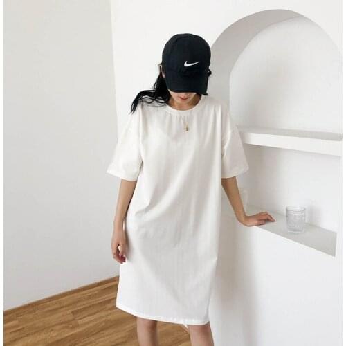 2020 Cotton Shirts O-Neck Short Sleeve Long T Shirt Dress Harajuku Tops For Women Summer Vestidos