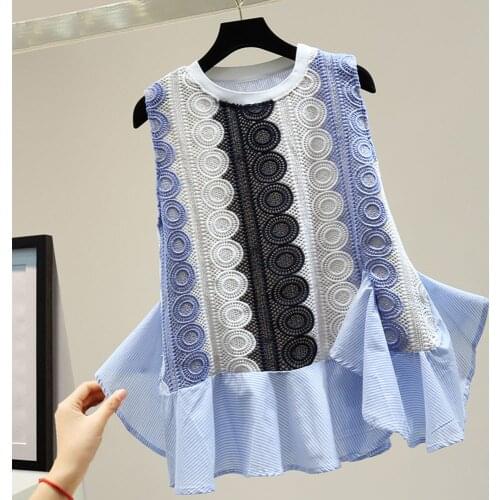 Sleeveless Women Chiffion Blouse Shirts Summer Korean 2020 Fashion Patchwork Tops Lady Loose Striped Pullover Blouse Shirts