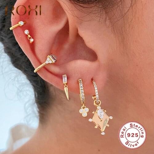 ROXI Punk Rivets Pendant Stud Earrings for Women Wedding Glossy Square Stone Earrings 925 Sterling Silver Jewelry Pendientes