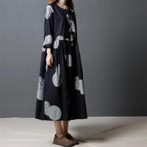Women Casual Cotton Linen Dresses Summer Autumn 2020 Casual White Dot Printed Round Neck Loose Dresses Female Vestidos Plus Size