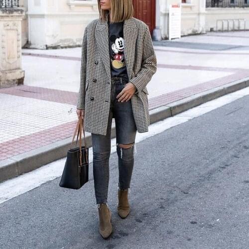 Za 2020 Vintage Women Blazer Office Lady Plaid Print Long Jackets Autumn Winter V-Neck Elegant Loose Coats Mujer Outwear