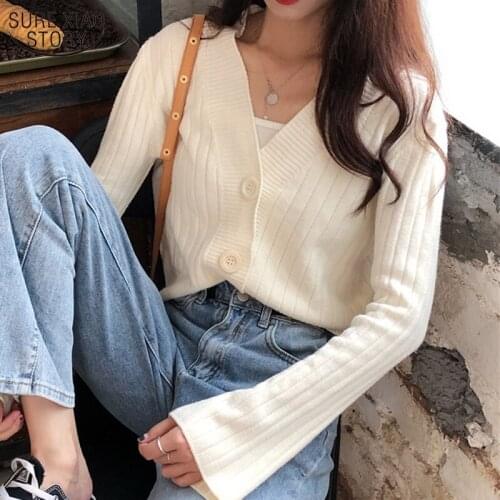 2021 Korean Style Long Sleeve Womens Cardigans Autumn New Single Breasted V-neck Knitwear Loose Solid Short Cardigan 11639