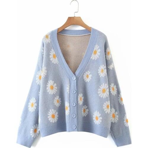 Sweet Button Down Sweater Cardigan Women Loose Knitted Coat Autumn Spring Casual Lady Long Sleeve V Neck Floral Outwear Sweaters