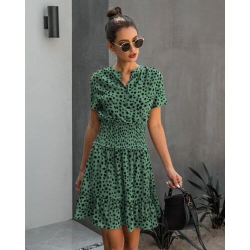 Women Leopard Casual Summer Ruffle Mini Dresses Buttons Ladies Purple Waisted Fitted Clothing Womens Clothes