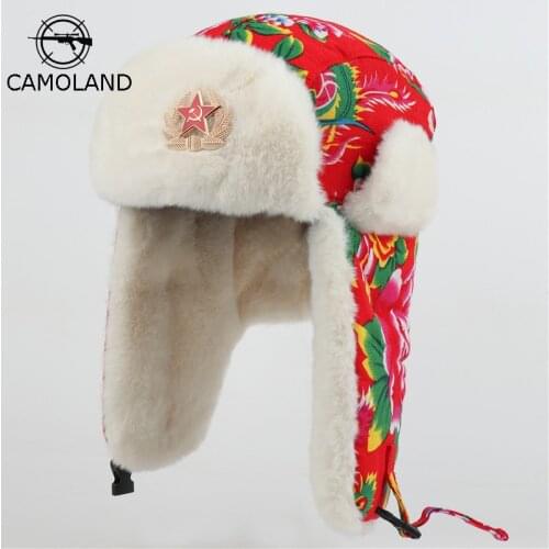 CAMOLAND Winter Russia Ushanka Bomber Hat Women Red Flower Print Warm Snow Cap Soviet Army Badge Earflap Cap Faux Fur Bomber Hat