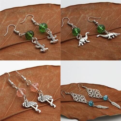 1pair Dropshipping Animal Earrings Flamingo Dinosaur Cactus Charms With Colorful Beads Ear For Women Nature Jewelry