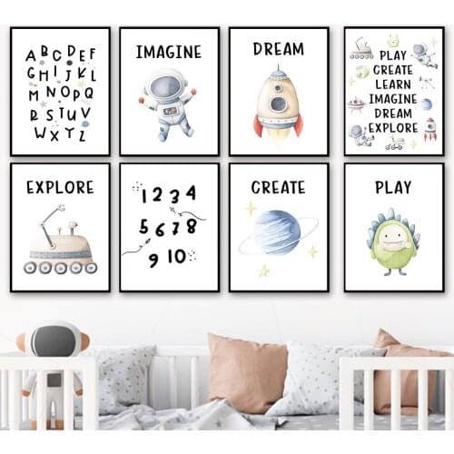 Alphabet ABC Figure Space Astronaut Nursery Wall Art Canvas Painting Nordic Posters And Prints Wall Pictures Kids Room Decor