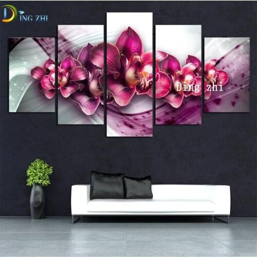 Diamond Embroidery 5 Panel Orchid Square Round Diamond Mosaic Painting Cross Stitch Flower Wall Decor Crafts High Quality Mural