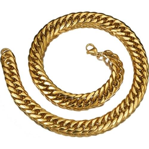 Bette Classic Mens Necklace Heavy Chain 316L Stainless Steel Gold Tone Cut Double Curb Link Wholesale Gift Jewelry 19MM