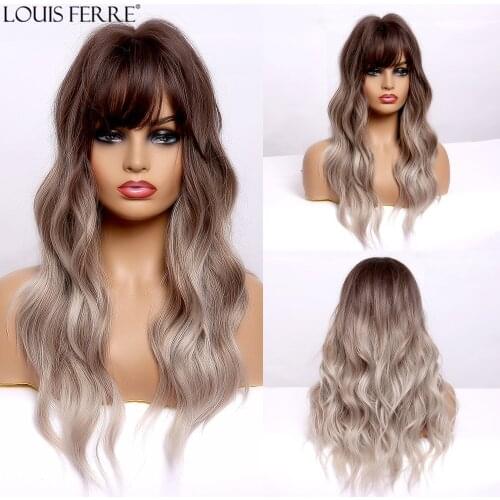 LOUIS FERRE Long Natural Wave Ombre Brown Gray Ash Blonde Synthetic Wigs with Bangs for Black Women Cosplay Heat Resistant Fibre