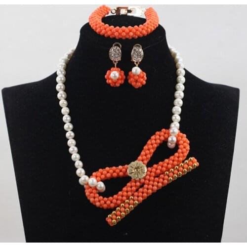 Elegant Freshwater Pearl Necklace Earrings Set Original Orange Coral Pendant Necklace Wedding Jewelry Set Free Shipping CJ780