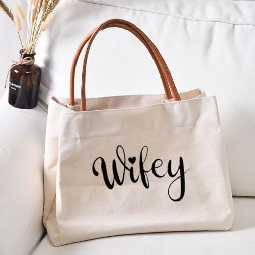 Wifey Printed Canvas Tote Bag Work Bag Gift for Wife Mother Women Lady Canvas Beach Handbag Dropshipping