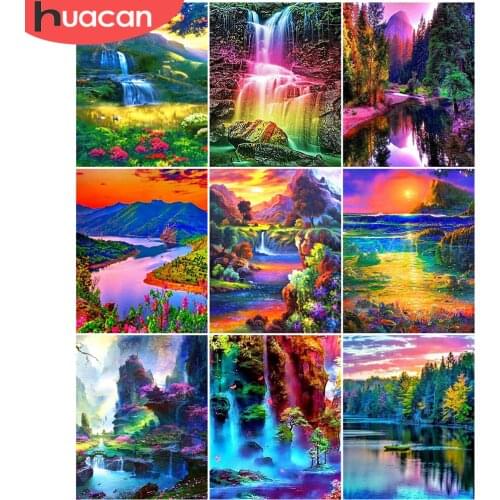 HUACAN Coloring By Number Waterfall Kits Home Decoration Pictures Painting By Number Sunset Scenery HandPainted Art Gift