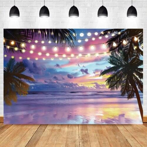 Laeacco Seaside Sunset Glow Palm Trees Hawaiian Party Banner Night Scenic Photography Background Photo Backdrop For Photo Studio