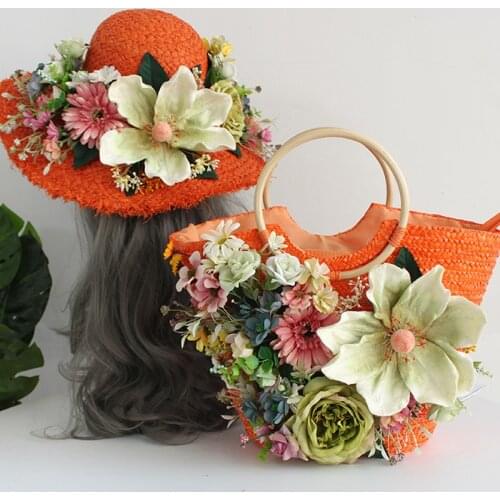 Fashion Women Flowers Tote bag Women Summer Straw Large Handbag Beach Casual Ring Wood Handle Handmade Basket With Sun Hat