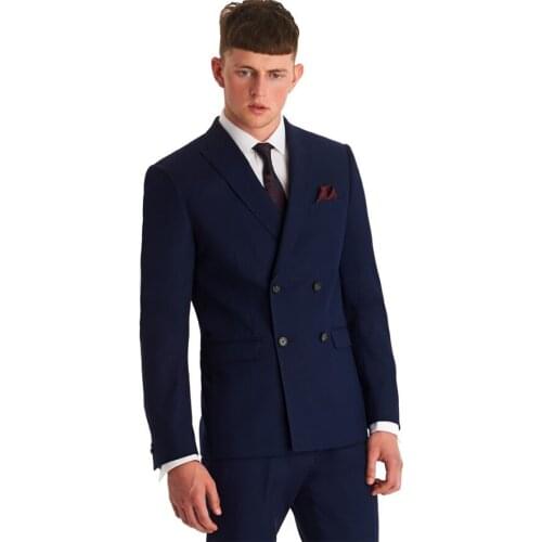 Double-Breasted Mens Suits Navy Blue Groomsmen Peak Lapel Groom Tuxedos Wedding Best Man Suit (Jacket+Pants+Tie+Girdle) B629