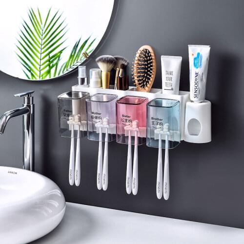 Wall-mount Toothbrush Holder Toiletries Storage Rack Auto Squeezing Toothpaste Dispenser With Cup Teethbrush Accessor