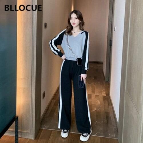 BLLOCUE New Autumn Winter knit Sweater Hooded Women Tracksuit Long Sleeve Pullovers Sweater+Wide Leg Pants Suit Sporting Set