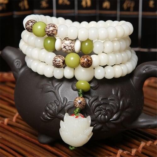 Original Design Natural White Bodhi Root Beads Bracelet Lotus 108 Lotus Mala Healing Prayer Bracelet for Women Jewelry Gift