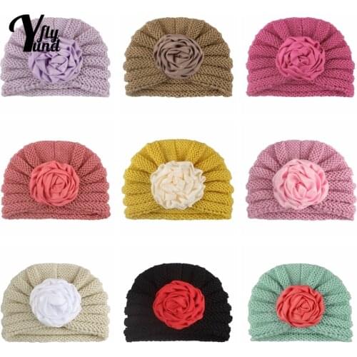 Yundfly Autumn and Winter Soft Warm Knitting Wool Cap Cute Handmade Flowers Newborn Hat Fashion Crochet Striped Bonnet Kids Gift