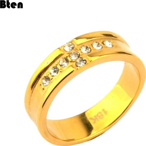 Bten Luxury Female Small Round Stone Stainless Steel Engagement Ring Crystal Cross Wedding Rings For Women Men