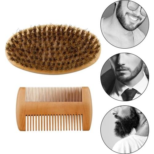 High Quality Soft Boar Bristle Wood Beard Brush Hairdresser Shaving Tool Men Mustache Comb Kit With Gift Bag Beard Hair Comb Set
