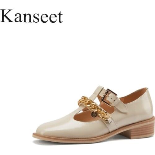 Kanseet Genuine Leather Sweet Womens Shoes Chunky Heels Pumps Fashion Metal Decoration Party Dress Lady Shoes Woman Heels Shoes