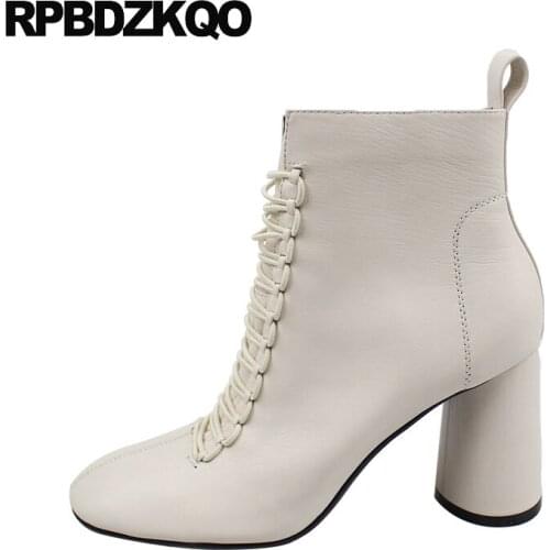 High Heel Square Toe 2021 Women Genuine Leather Short White Front Lace Up Casual Ankle Boots Autumn Chunky Winter Quality Shoes