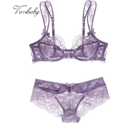 Varsbaby ultra-thin gathers breathable plus size sexy floral bra + panties set with steel ring underwear C D E F Cup