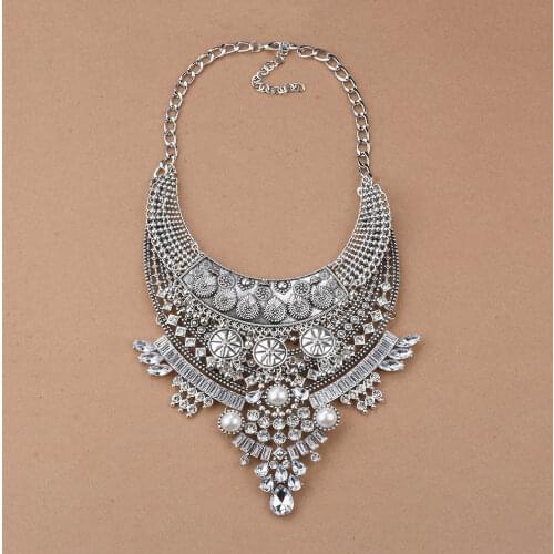 Vintage Anti Silver Tone Long Boho Statement Necklace Bohemian Indian Jewelry Chunky Bib Collar Necklaces for Women