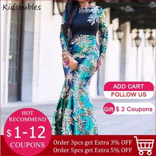 Vintage Green Long Sleeve Mermaid Sequins Dress Sparkly Elegant Plus Size Shiny Party Evening African Long Dresses for Women