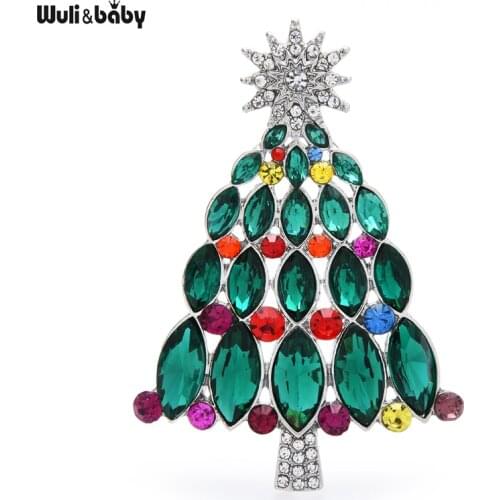 Wuli&baby Christmas Tree Brooch Pins Green Crystal Sparkling Brooches Jewelry Gift 2021 New Year Gift