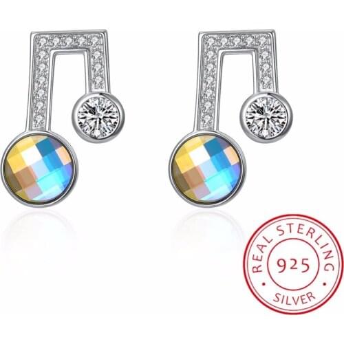 925 Sterling Silver Fine Jewelry Fashion Small Music Note Stud Earring Crystal From Swarovski Gift For Girls Kid Lady Women